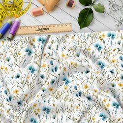 Ткань премиум дюспо мелкие голубые и желтые цветы