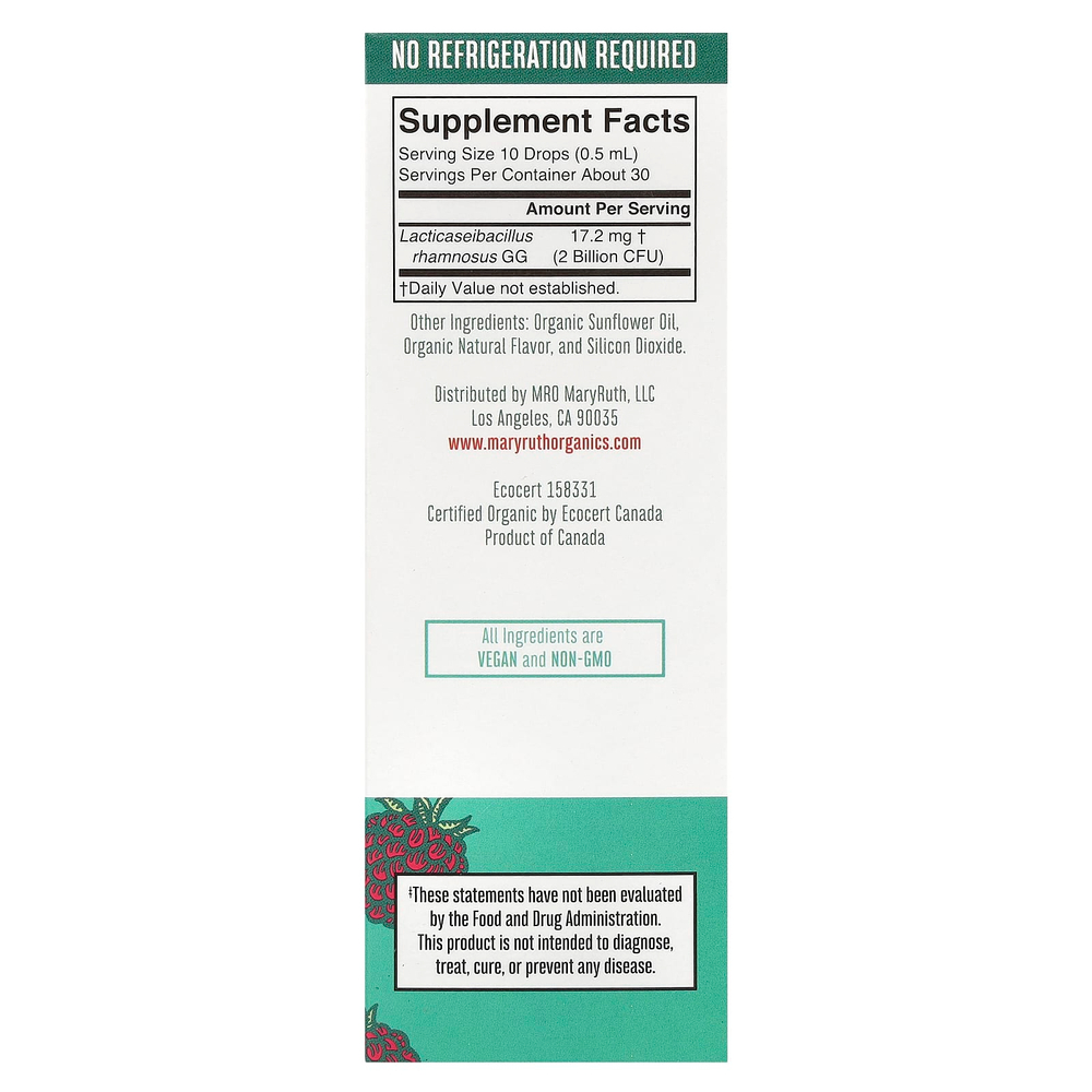 MaryRuth's, Organic Kids Precision Probiotic, жидкие капли, для детей от 4 до 13 лет, малина, 2 млрд КОЕ, 15 мл (0,5 жидк. унц.)