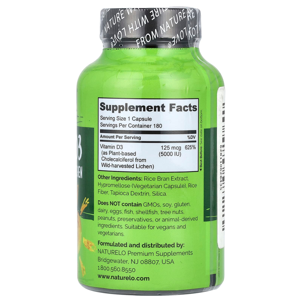 NATURELO, витамин D3, 125 мкг (5000 МЕ), 180 капсул, которые легко глотать