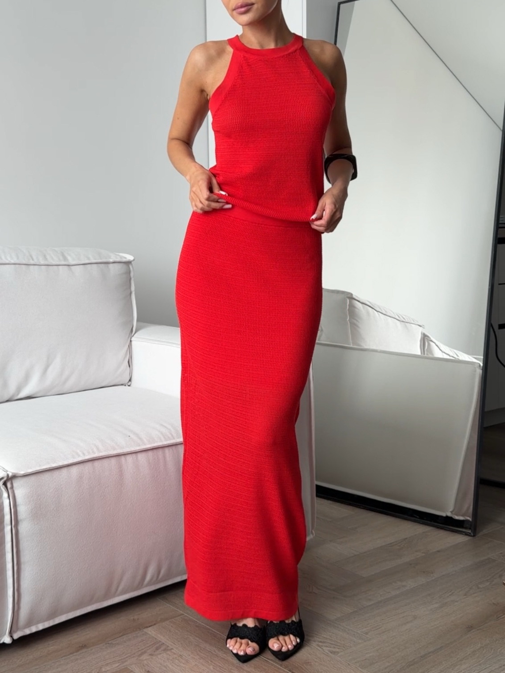 Комплект вязаный, базовый, топ и длинная юбка