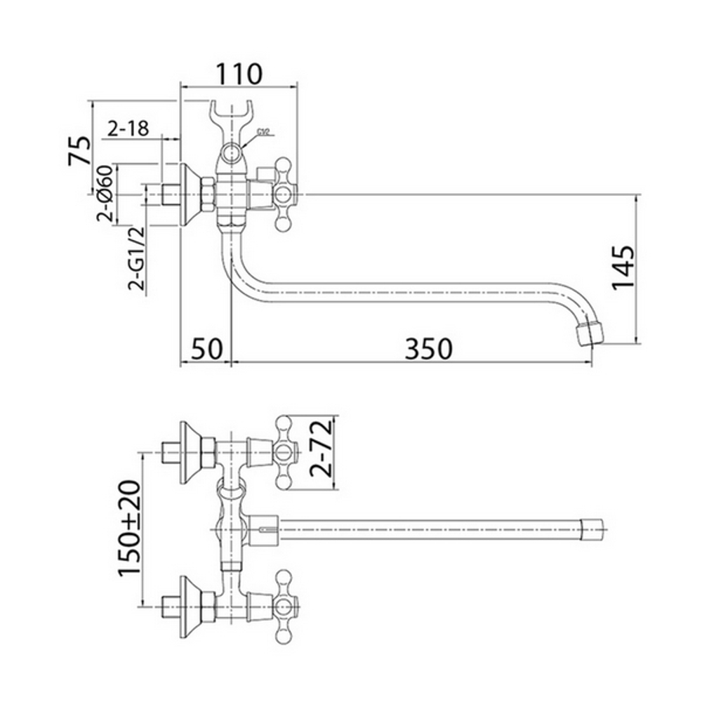Смеситель для ванны и раковины 1/2 кер Milardo DUPSB02M10 "Duplex"  ХРОМ