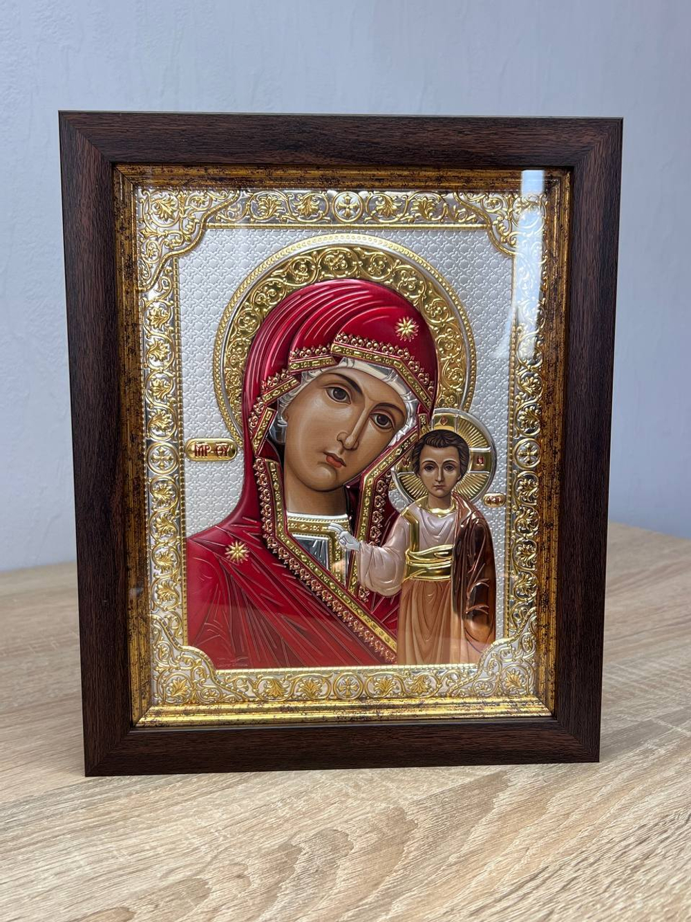 Казанская БМ, икона прямоугольная в рамке под стеклом, красное дерево, эмаль 232х280