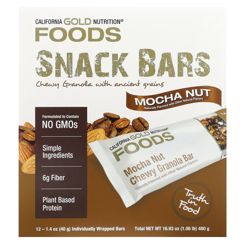 California Gold Nutrition, Foods, жевательные батончики из гранолы с мокко и орехами, 12 шт. по 40 г (1,4 унции)