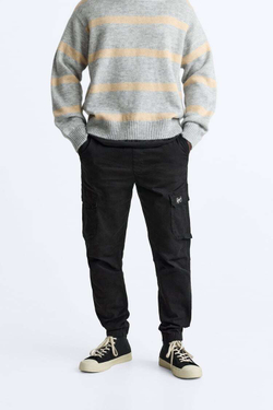 ZARA БРЮКИ КАРГО, ЧЕРНЫЙ