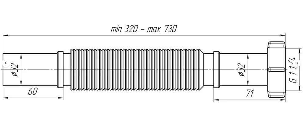 Гофра с гайкой 1 1/4"x32 L=320-730мм АНИ Пласт K203