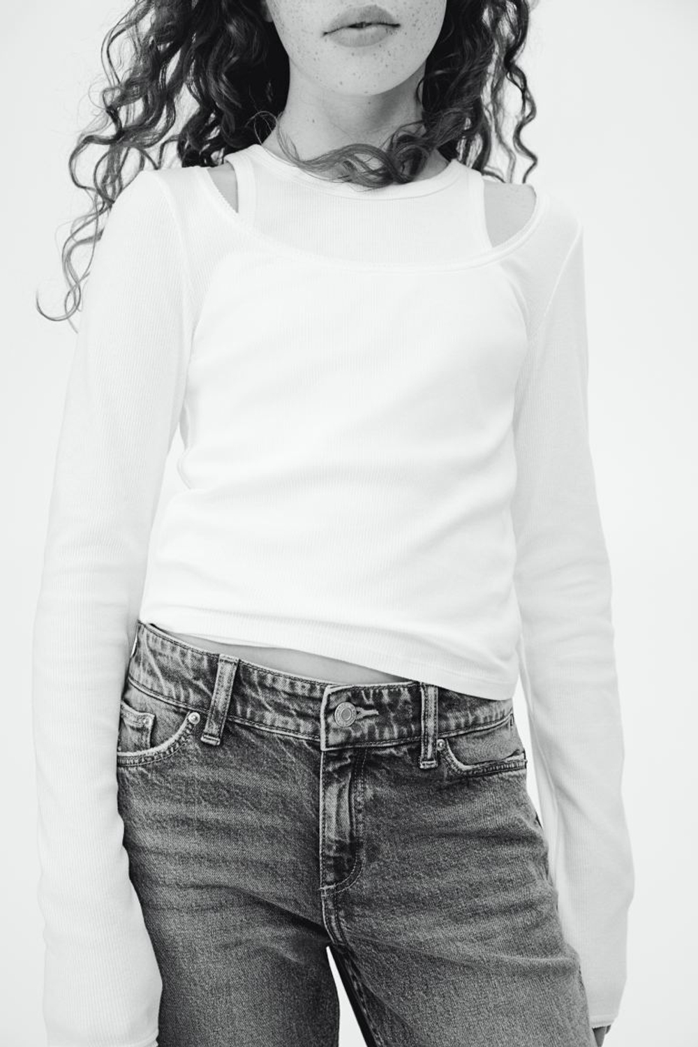 H&M Топ в рубчик с длинными рукавами, белый