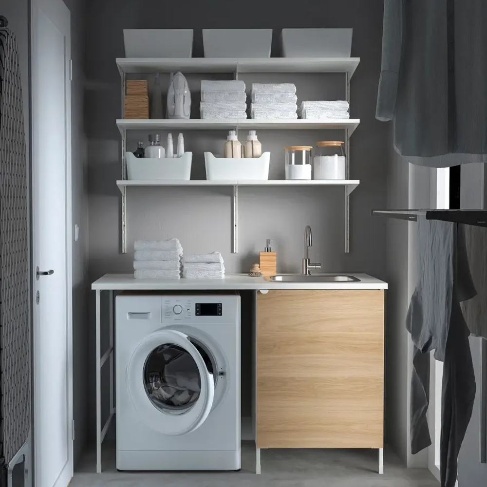 Шкаф под раковину - IKEA ENHET, 139х63.5х90.5 см, белый/имитация дуба, ЭНХЕТ ИКЕА