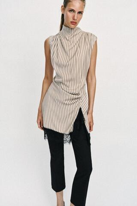 ZARA МИНИ-ПЛАТЬЕ В ПОЛОСКУ С КРУЖЕВОМ, РОЗОВЫЙ