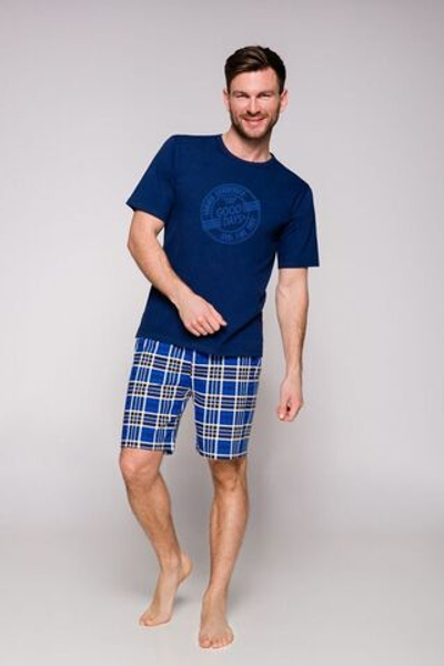 Мужская хлопковая пижама Nikodem с клетчатыми шортами (Размер: XL) (Цвет: темно-синий)