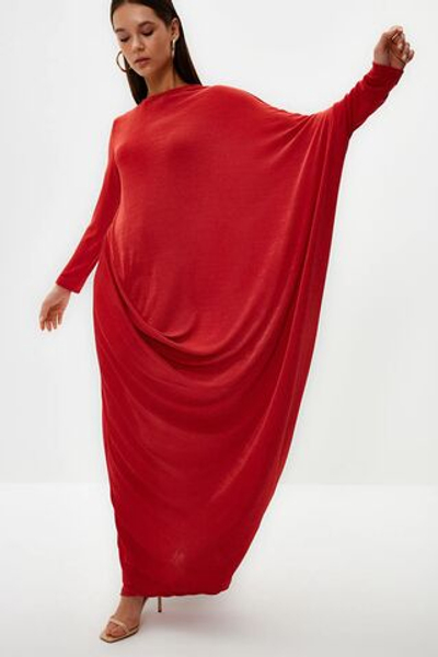 Розовое сухое негабаритное стильное трикотажное платье-кафтан TCTSS24EB00037