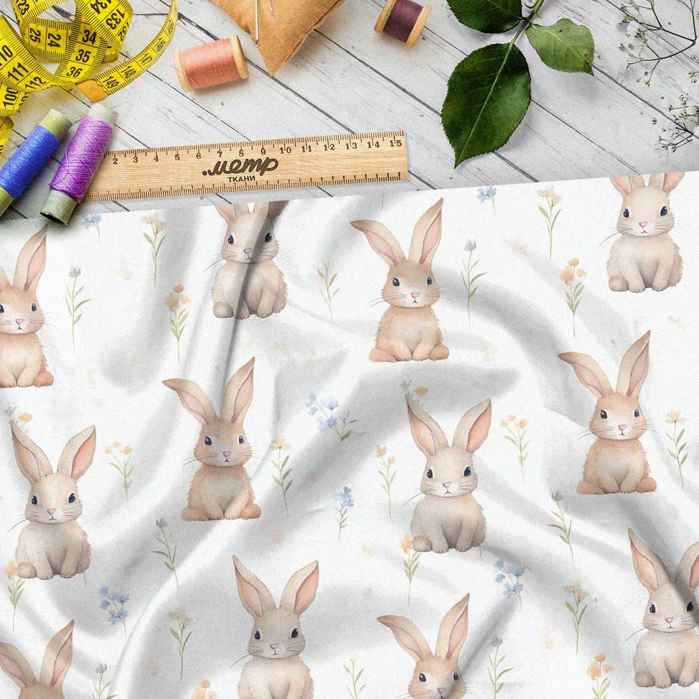 Ткань премиум шифон зайцы в полевых цветах