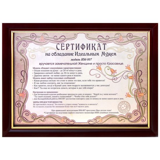 Сертификат на обладание идеальным мужем в коричневой рамке с золотой каймой 19*25,5 см