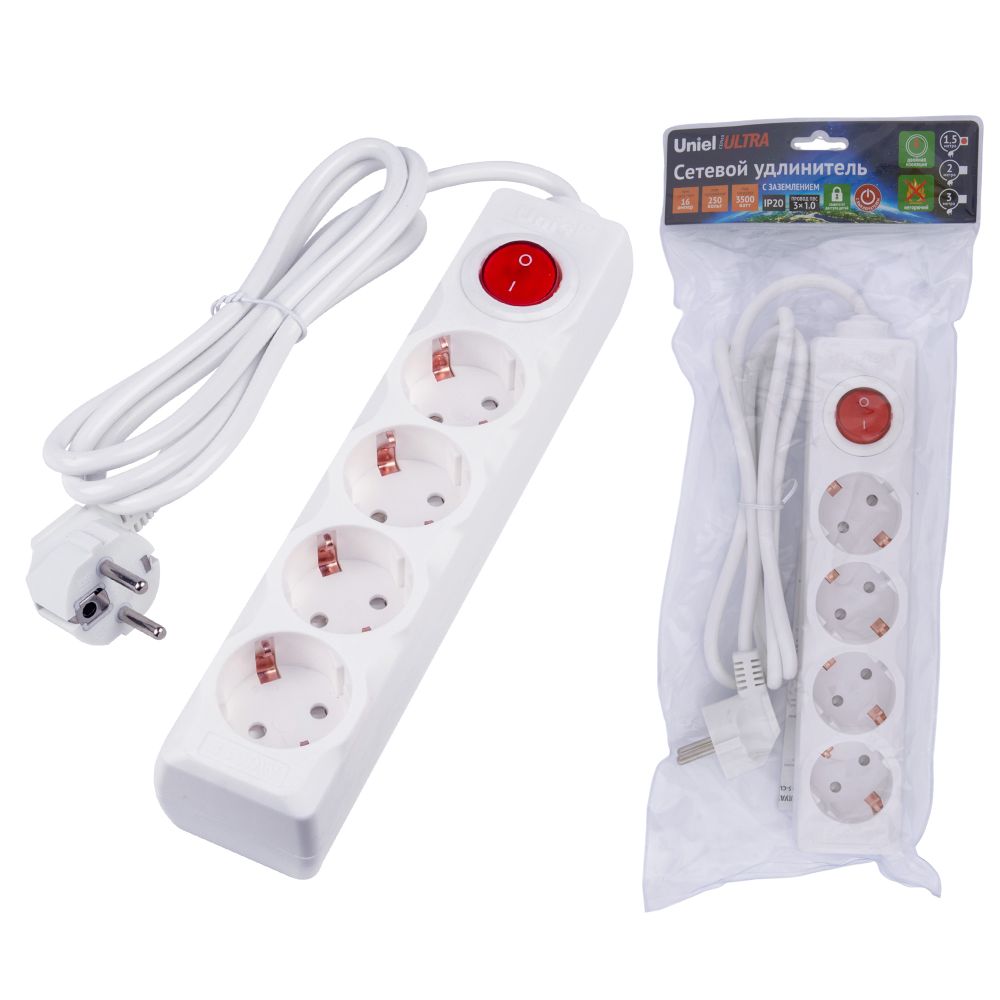 S-GCU4-1.5B WHITE Удлинитель серии Ultra. шнур 1.5м.. 4 гнезда. 16A. с-з. Белый. TM Uniel