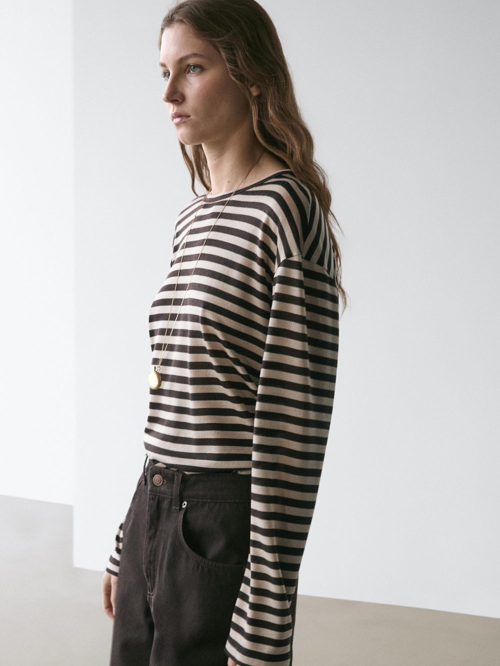 Massimo Dutti Футболка оверсайз в полоску с длинными рукавами, коричневый