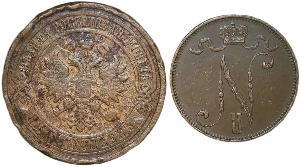 Набор медных монет 1911 (2 монеты) 5 копеек СПБ и 5 пенни (F-VF)