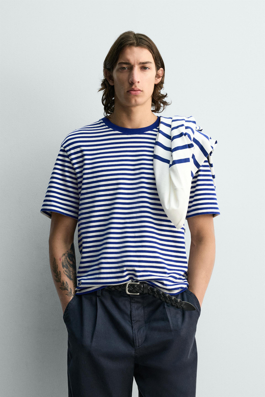 ZARA ФУТБОЛКА REGULAR FIT ЖАККАРД В ПОЛОСКУ, БЕЛЫЙ/СИНИЙ
