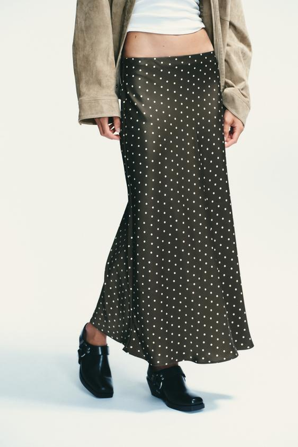 ZARA АТЛАСНАЯ ЮБКА МИДИ, ЭКРЮ/ХАКИ