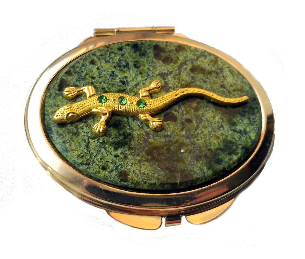 Зеркало круглое с накладкой из змеевика и ящеркой цвет золото 7х7х1см