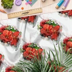 Ткань флис красные букеты на белом фоне