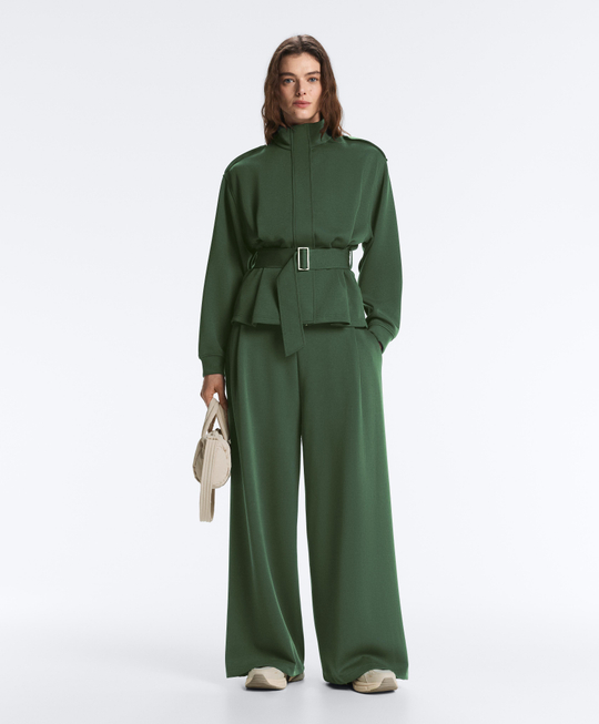 OYSHO Брюки из саржевой ткани с высокой посадкой и складками, зеленый