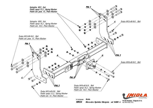 Фаркоп IMIOLA M.024 Mercedes Sprinter шасси, 5 тонн сдвоеные колеса 2006-, Volkswagen Crafter 3665 мм / 4350 мм шасси, 5 тонн 2006-(паспорт и сертификат в комплекте)(без электрики)