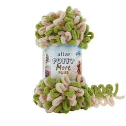 Пуффи Море ПЛЮС (Puffy More plus) пряжа Alize 100%микрополиэстер 2х250г/11м (8007 кремовый/св.зелёный)