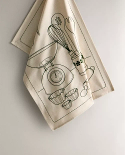 ZARA HOME КУХОННОЕ ПОЛОТЕНЦЕ ИЗ ХЛОПКА С ВЫШИВКОЙ «ПОСУДА», ЭКРЮ