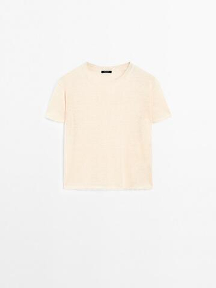 Massimo Dutti Ажурная футболка из смесового льна, натуральный, кремовый