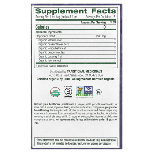 Traditional Medicinals, Organic Nighty Night Extra®, мелисса лекарственная и валериана, без кофеина, 16 чайных пакетиков, 24 г (0,85 унции)