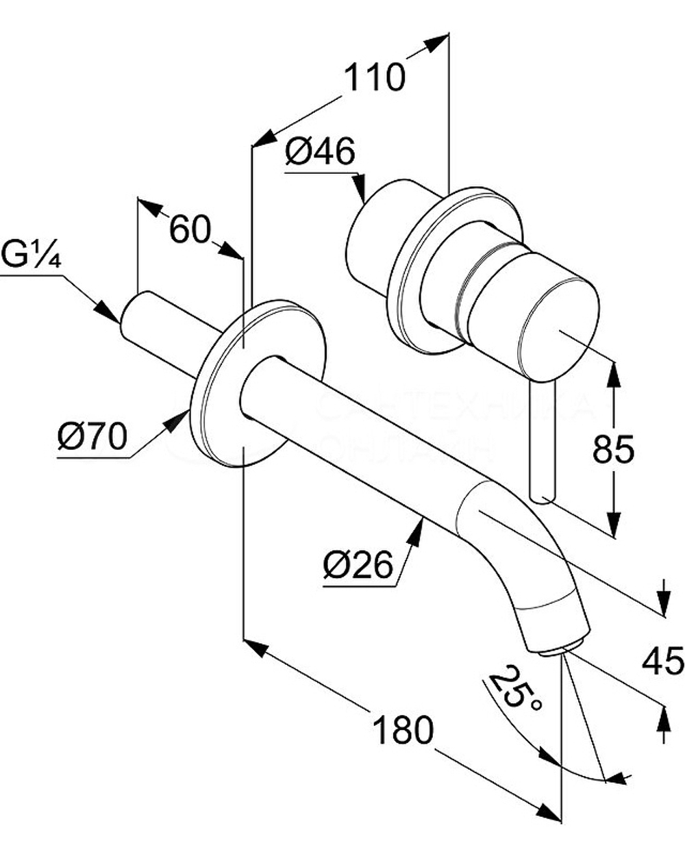 Смеситель для раковины настенный Kludi Bozz 382440576  хром, излив 180 мм, внешняя часть схема