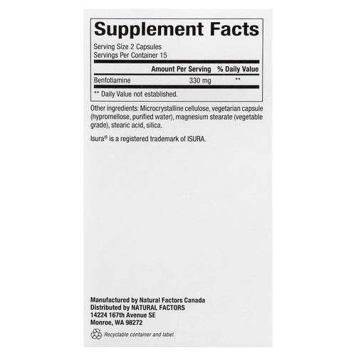 Natural Factors, бенфотиамин, 30 вегетарианских капсул (165 мг в 1 капсуле)