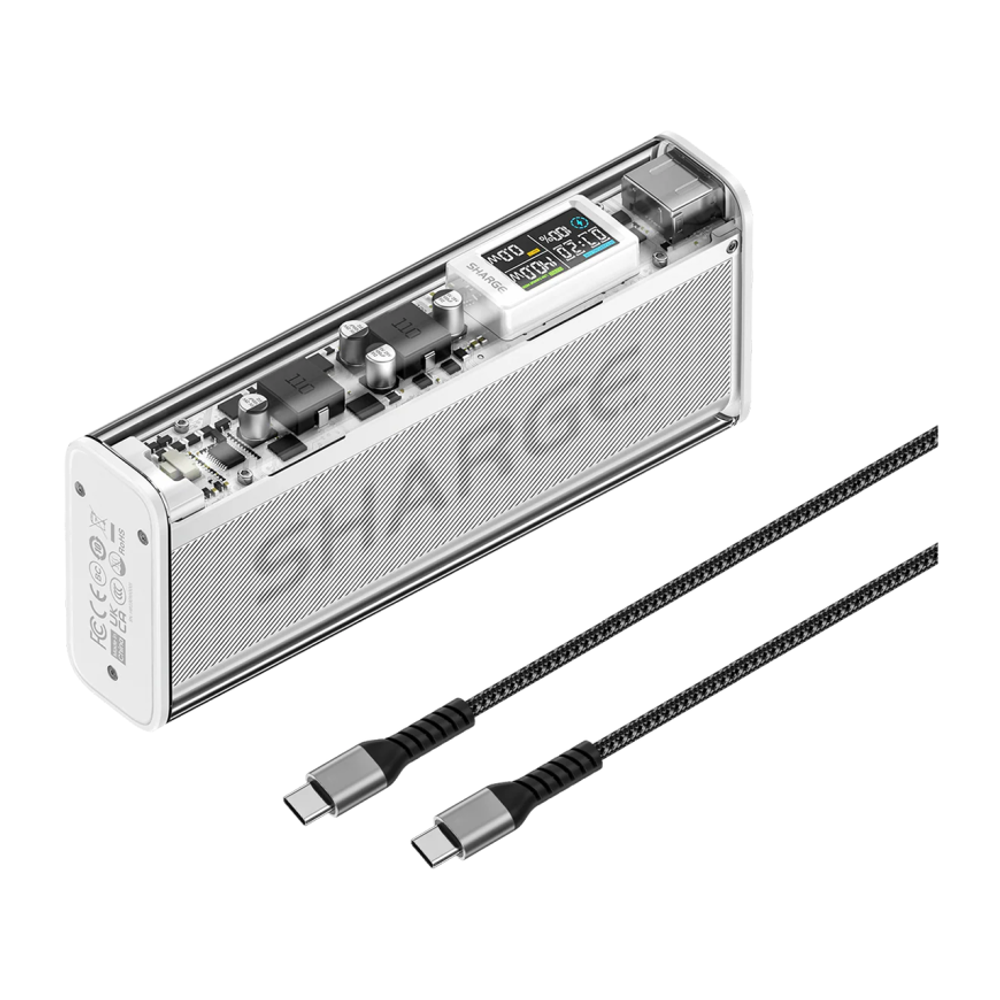 Внешний аккумулятор SHARGE Shargeek 140 (20000 мА·ч) Проводная зарядка: USB-C, USB-A. Беспроводная зарядка: нет. Есть дисплей, поддержка PD 3.0, QC 4, AFC и FCP. Энергоёмкость — 72 Вт·ч. Максимальная выходная мощность — 100 Вт