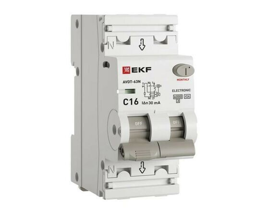 Выключатель автоматический дифференциального тока 2п (1P+N) C 6А 30мА тип A 6кА АВДТ-63N (электрон.) PROxima EKF D63N26EA6C30