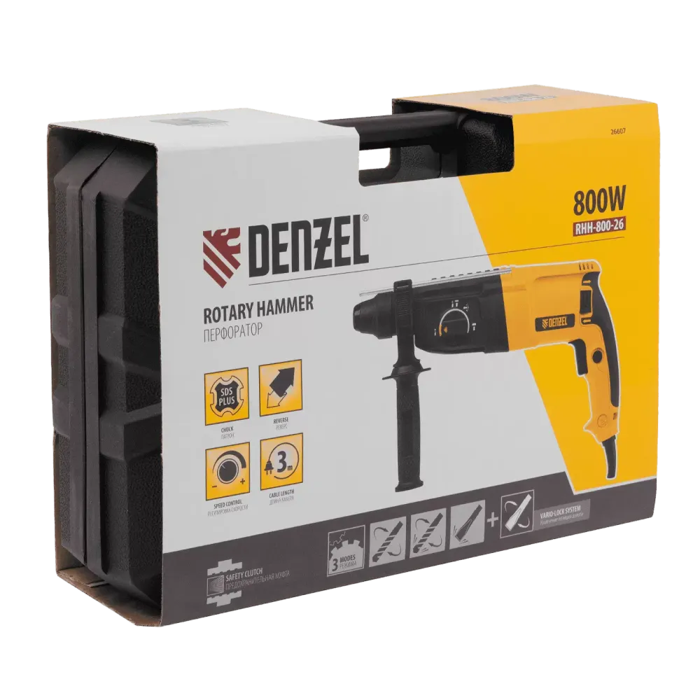 Перфоратор электрический RHH-800-26, SDS-plus, 800 Вт, 3 Дж, 3 плюс 1 реж. Denzel, 26607