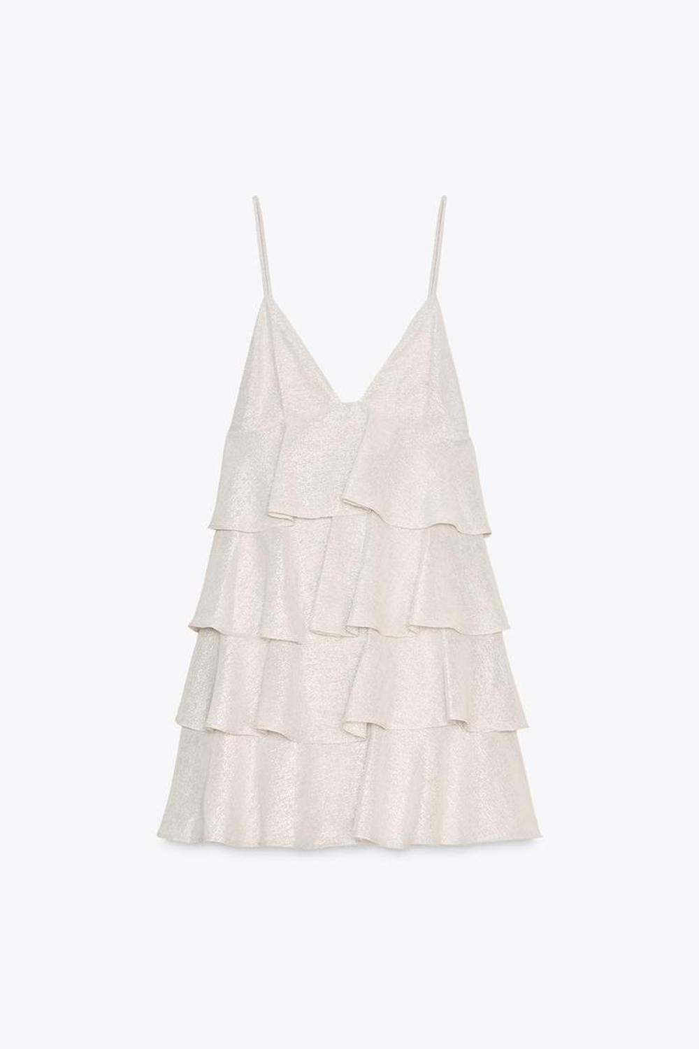 ZARA КОРОТКОЕ ПЛАТЬЕ С ВОЛАНАМИ, СЕРЕБРИСТЫЙ