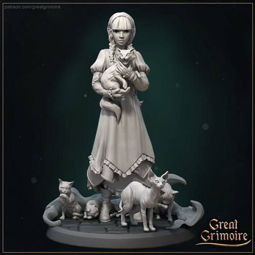 Девочка с фамильярами кошками Алиса человек миниатюра для dnd, днд, pathfinder, фентези, Настольная игра, НРИ, Варгейм, РПГ