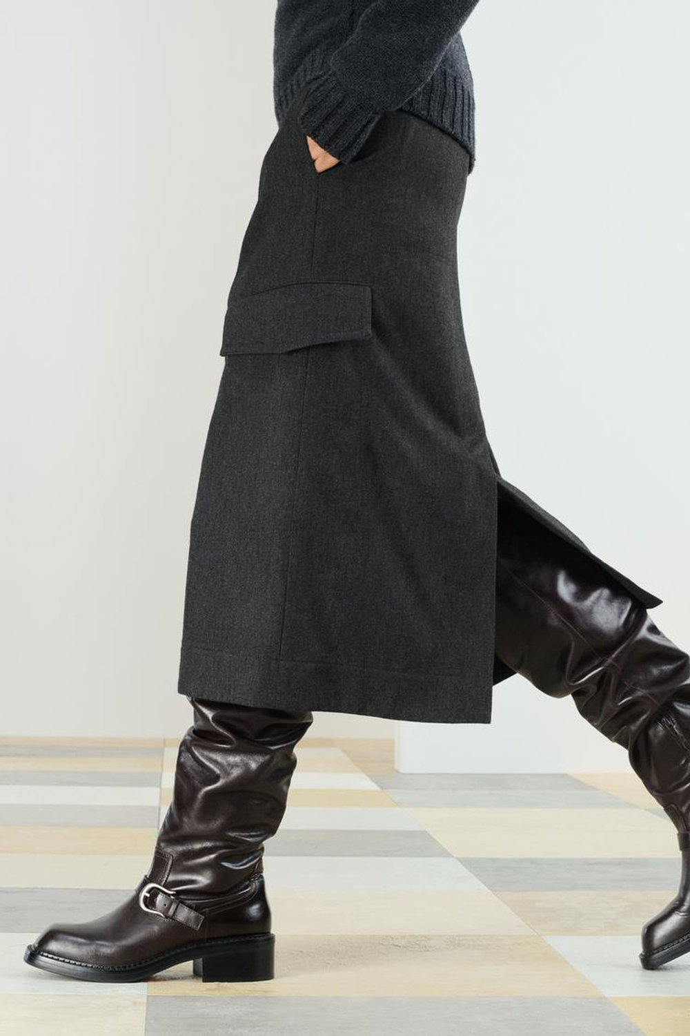 ZARA ЮБКА МИДИ ИЗ СМЕСОВОЙ ШЕРСТИ, СЕРЫЙ