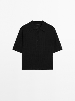 Massimo Dutti Свитер ажурной вязки с воротником поло, черный