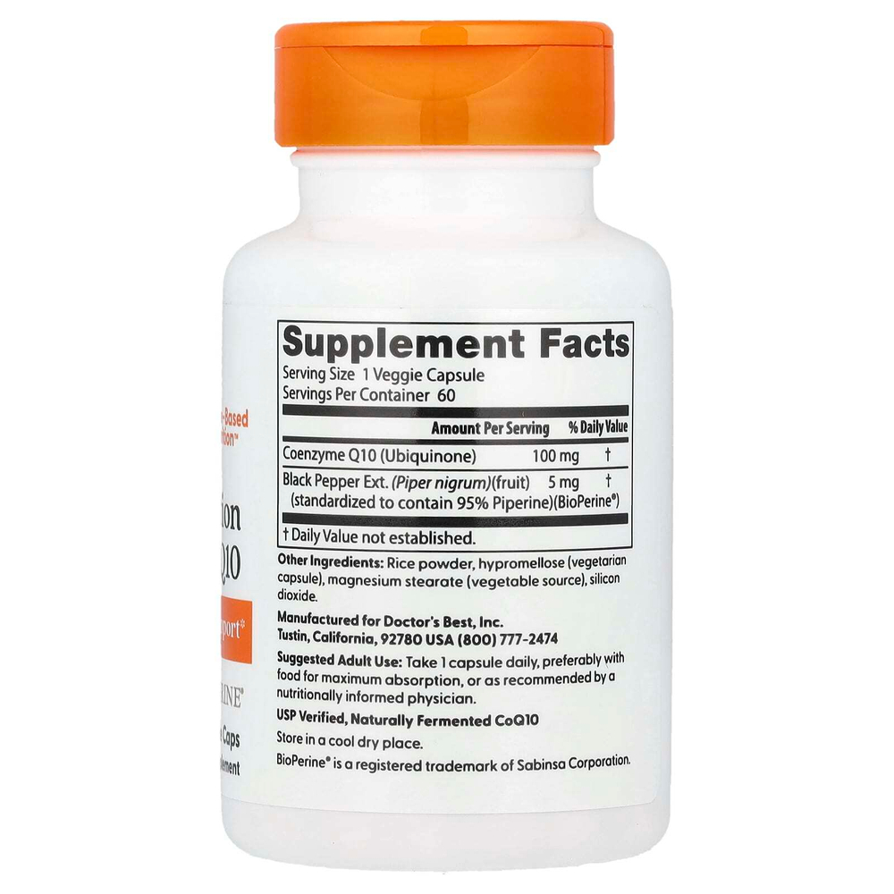 Doctor's Best, коэнзим Q10 с высокой степенью всасывания, с BioPerine, 100 мг, 60 вегетарианских капсул