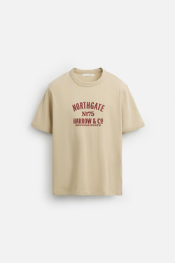 ZARA ФУТБОЛКА С ТЕКСТОМ И ОТДЕЛКОЙ В РУБЧИК, РЫЖЕВАТО-КОРИЧНЕВЫЙ