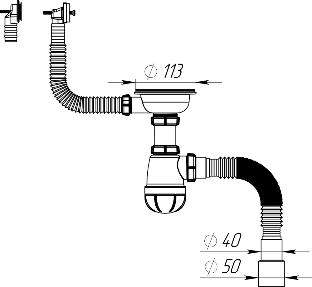 СИФОН ДЛЯ МОЙКИ 3 1/2Х40 AQUANT С ЧЁРНОЙ МЕТ.РЕШ. 40Х40/50
