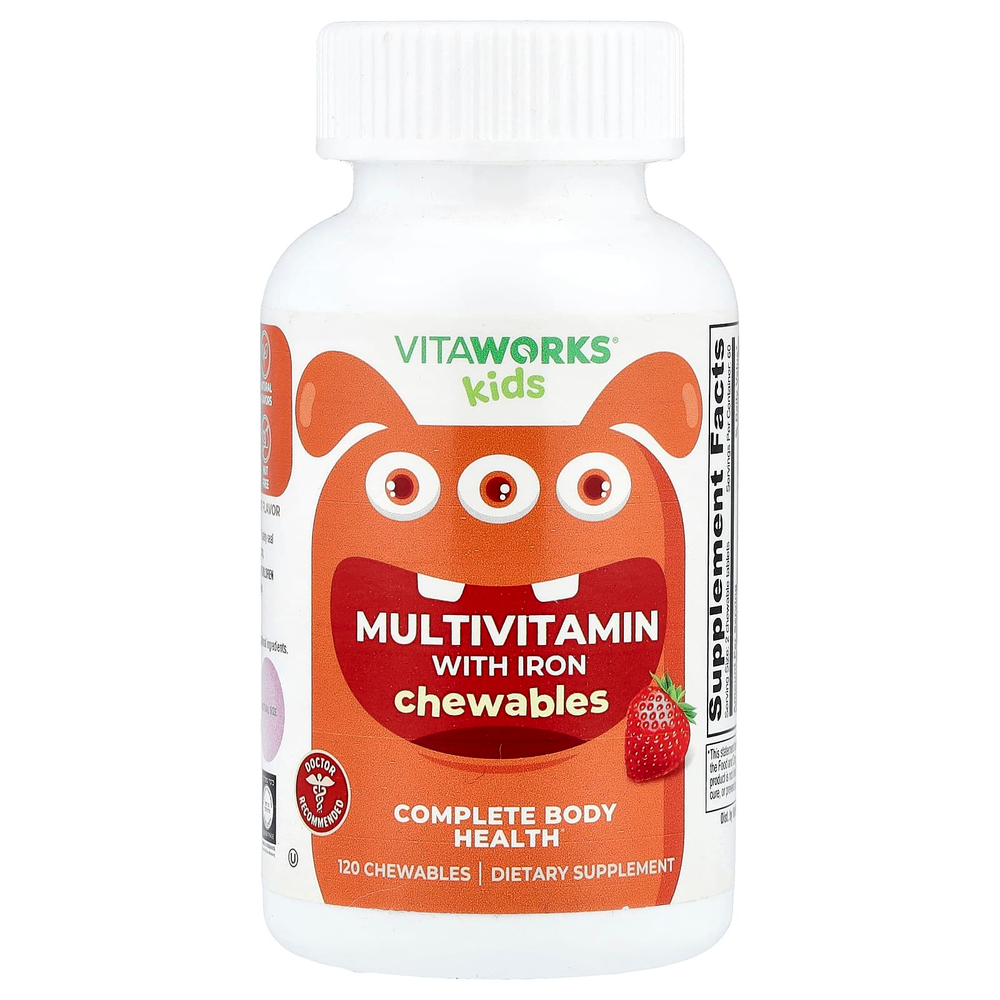 VitaWorks, мультивитамины с железом, для детей, фруктовое ассорти, 120 жевательных таблеток