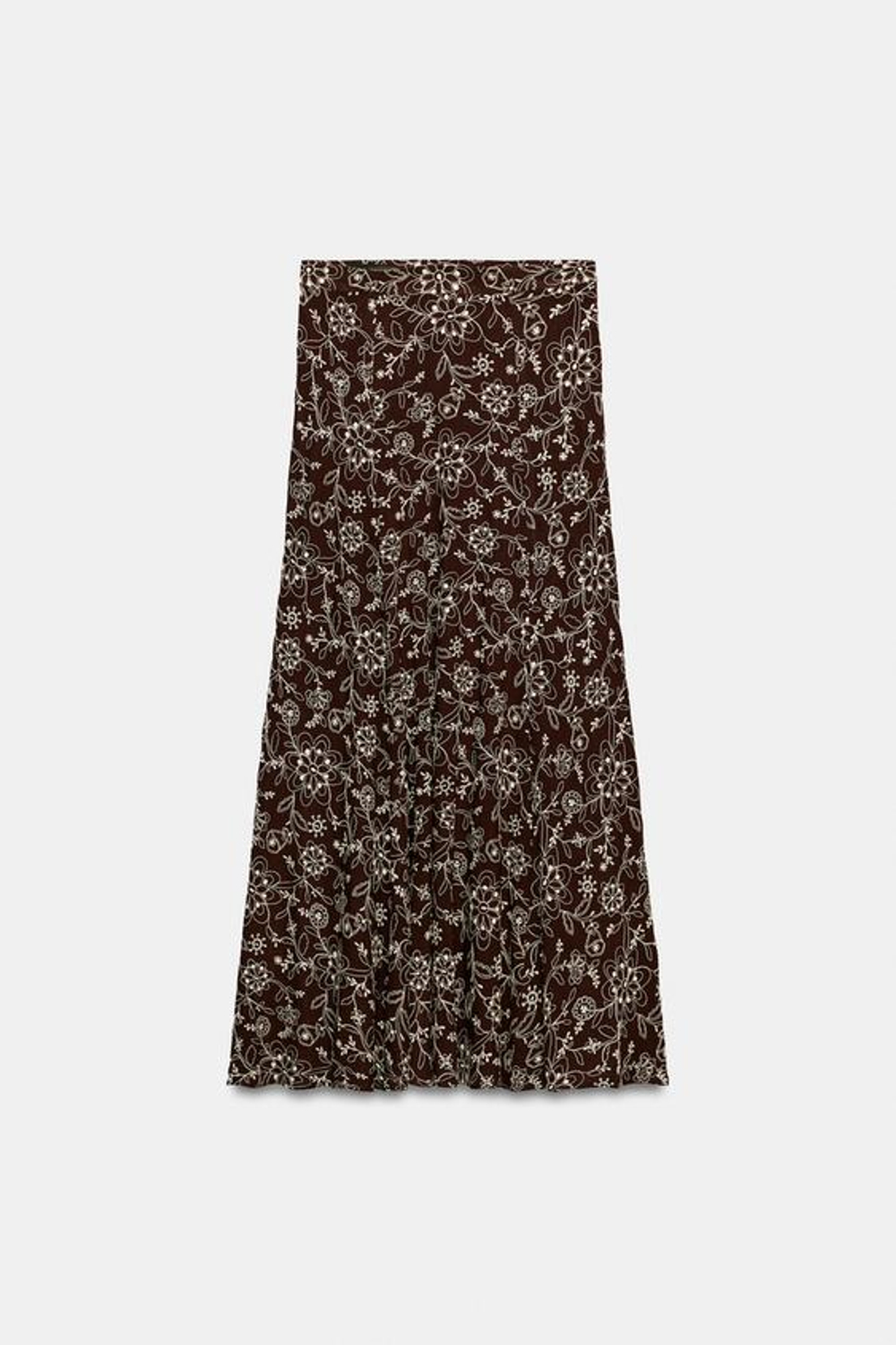 ZARA ЮБКА МИДИ С ВЫШИВКОЙ, КОРИЧНЕВЫЙ/ЭКРЮ