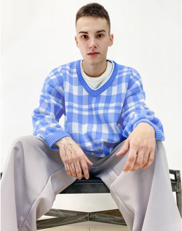 Свитер Шашки Голубой - фото 3