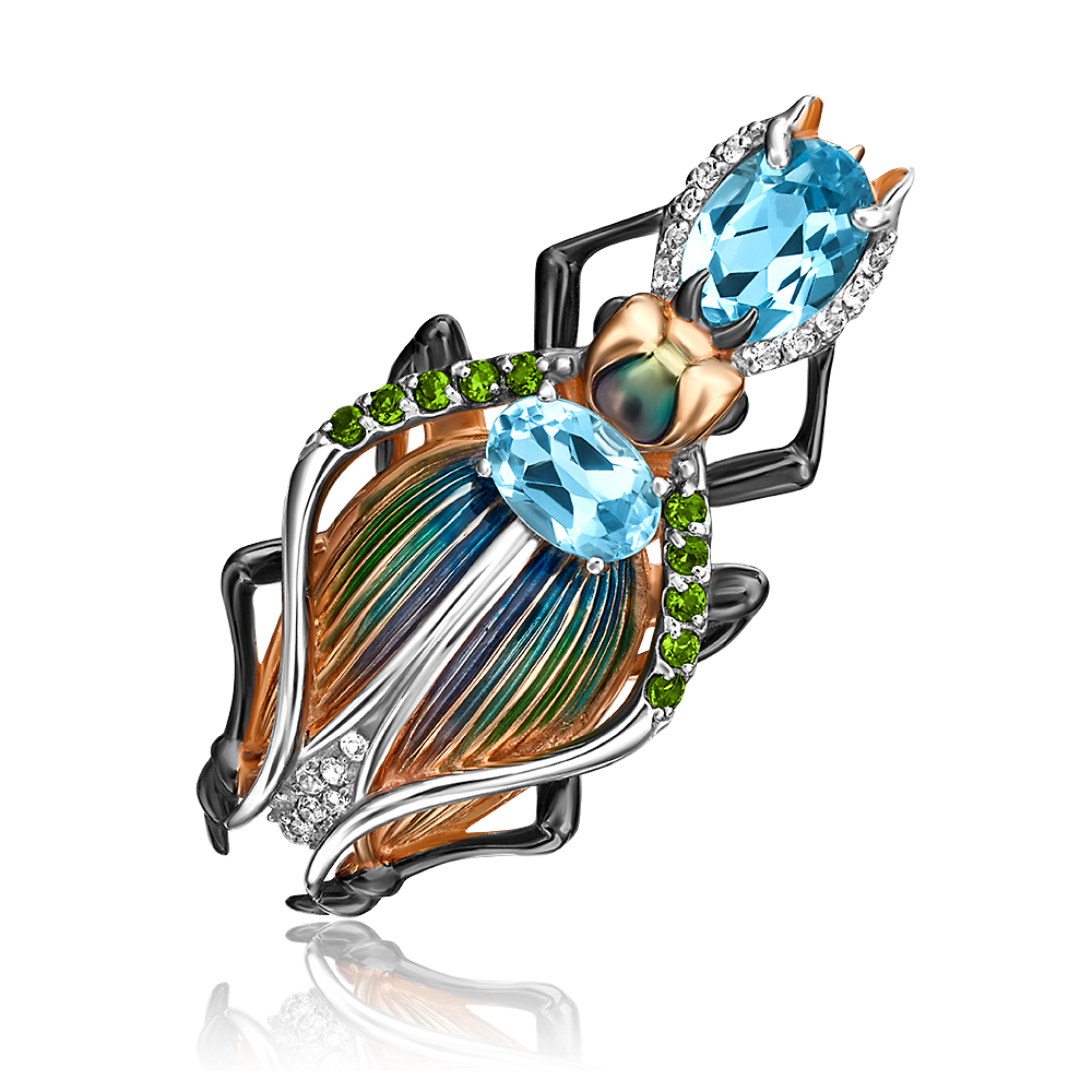 Брошь «Жук» из красного золота c топазами, хромдиопсидами, натуральными топазами white и эмалью Артикул: 04-0216-00-713-1110-57