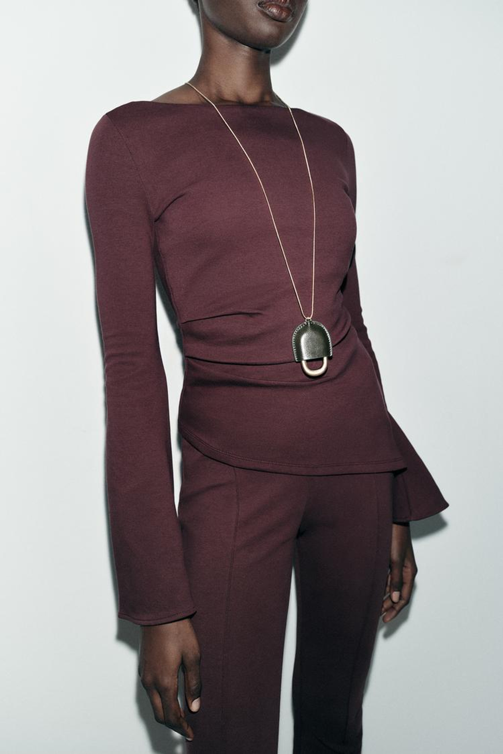 ZARA ТОП ИЗ ИНТЕРЛОКА С ДЛИННЫМ РУКАВОМ, ВИННЫЙ