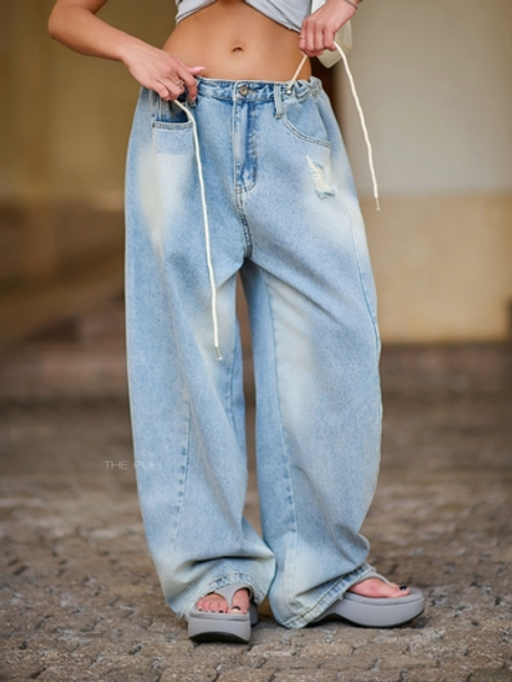 Голубые джинсы-трансформеры с потертостями