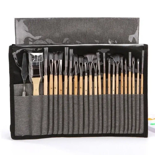 Кисти для рисования набор в пенале скрутке, 25 предметов: кисточки синтетика - веерная, плоская, круглая + мастихин. Цвет дерево лак