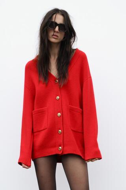 ZARA КАРДИГАН ОВЕРСАЙЗ ИЗ 100% ШЕРСТИ, КРАСНЫЙ