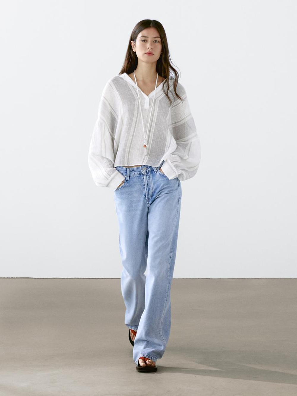 Massimo Dutti Блуза из струящейся смесового льна в полоску, белый